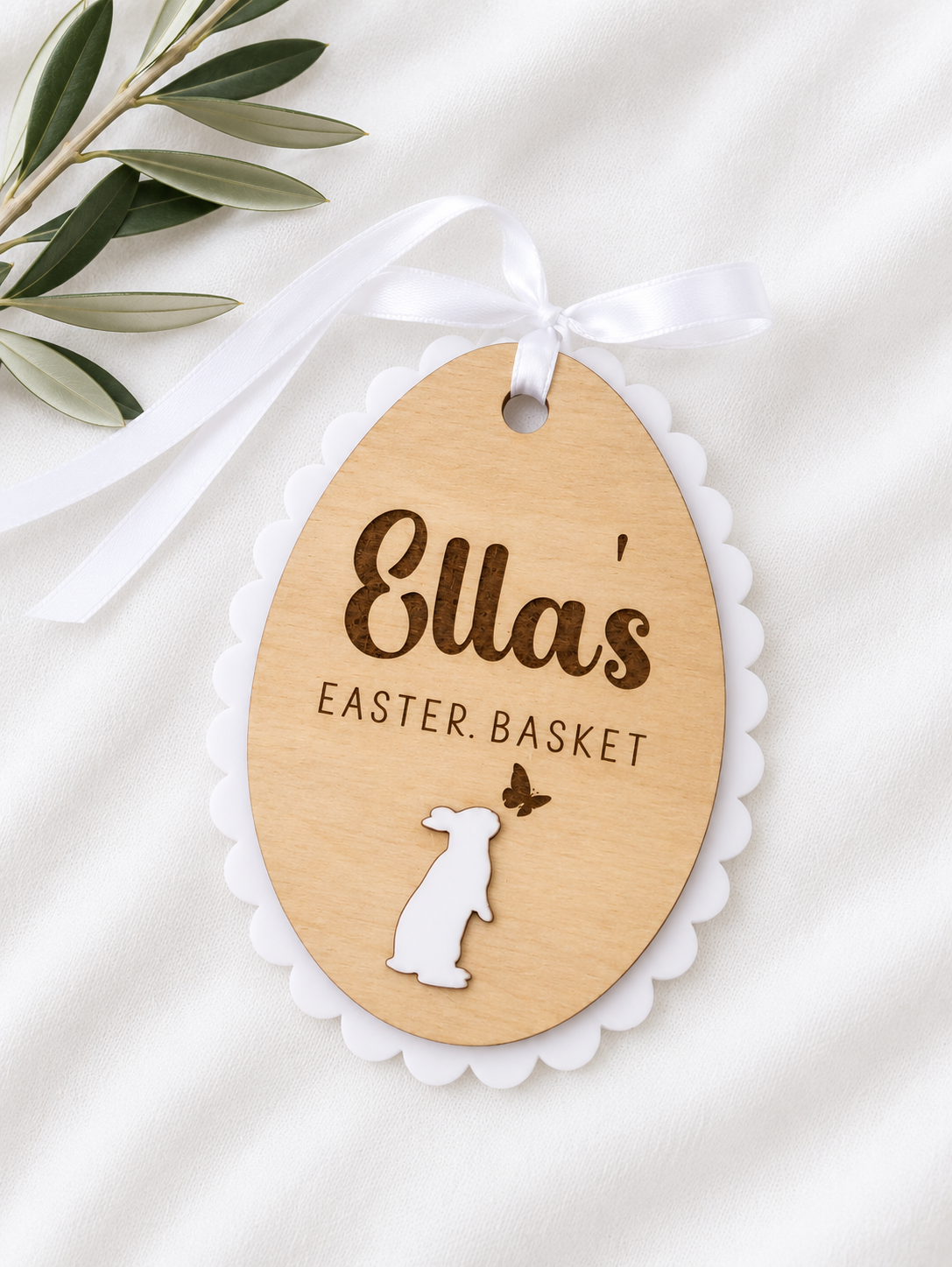 Personalised scalloped wooden Easter basket tag with child's name and acrylic bunny