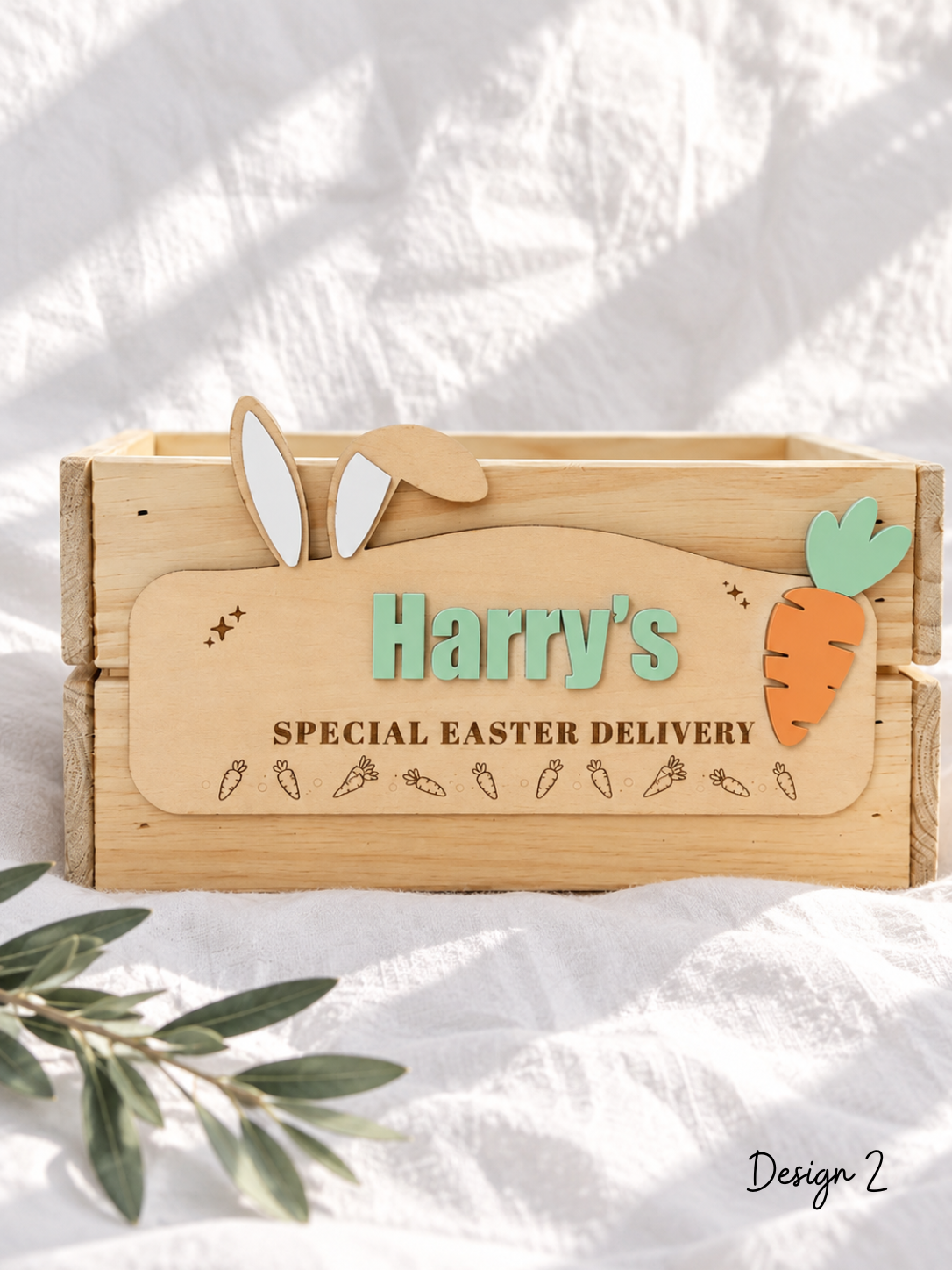 Personalised wooden Easter crate with interchangeable child's name plaque
