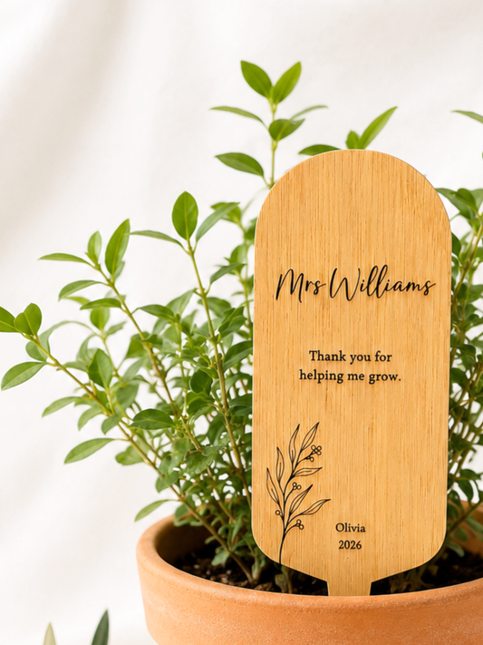 Personalised wooden teacher plant stake with engraved thank you message