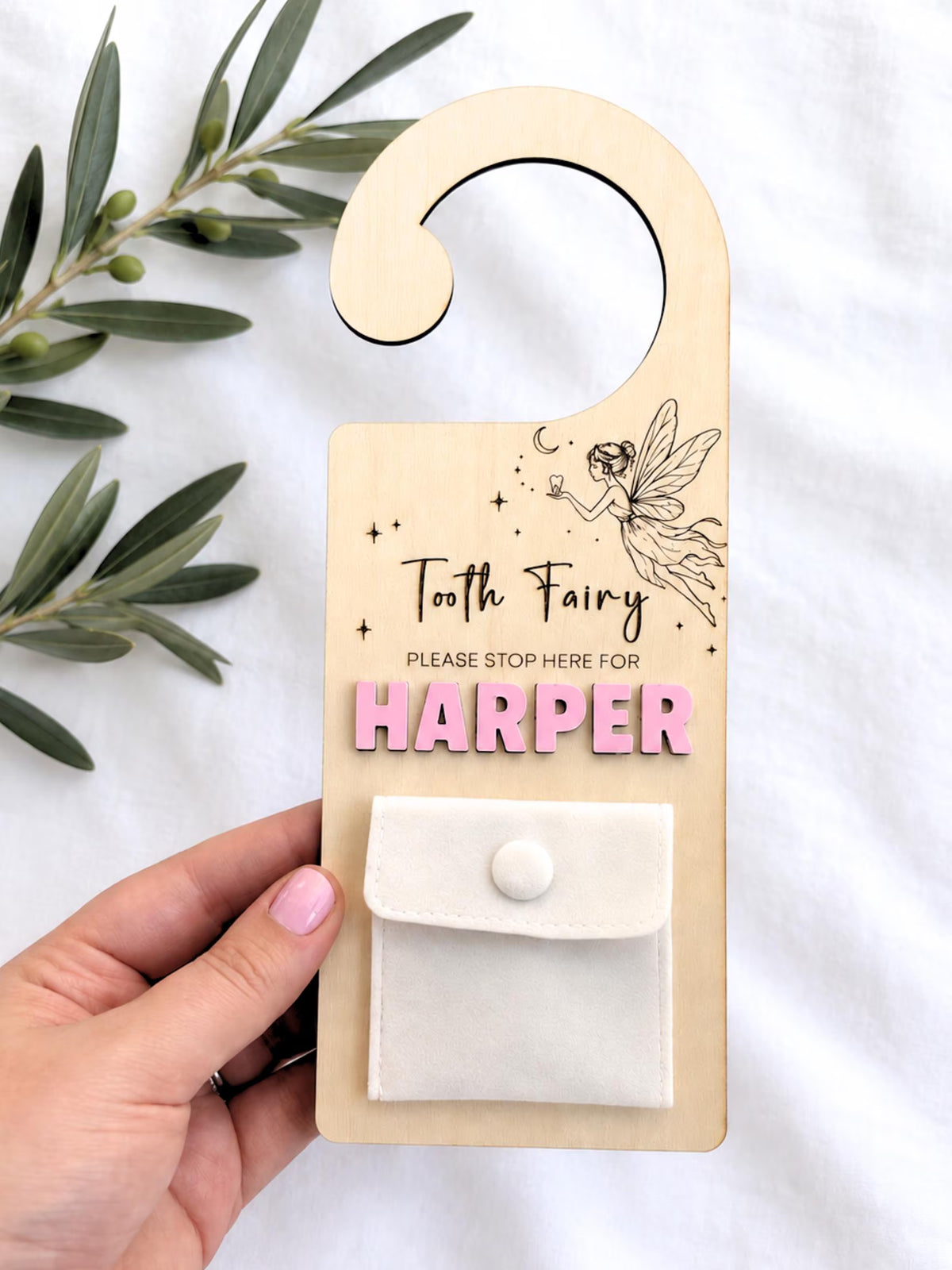 Personalised wooden Tooth Fairy door hanger with child's name and velvet pouch