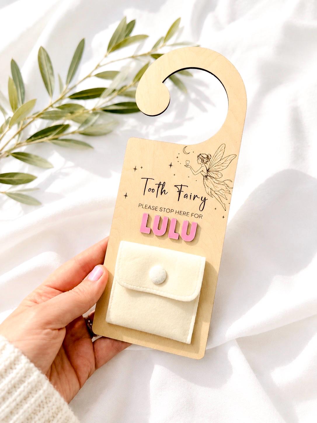 Personalised Tooth Fairy door hanger with velvet pouch for tooth and coin