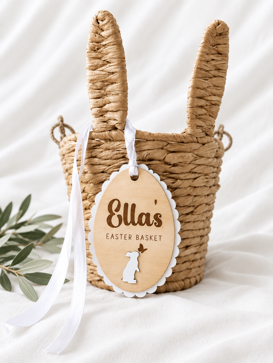 Personalised scalloped wooden Easter basket tag with child's name and acrylic bunny