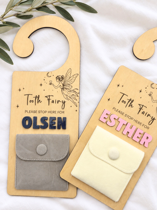 wooden tooth fairy hangers with velvet pouches